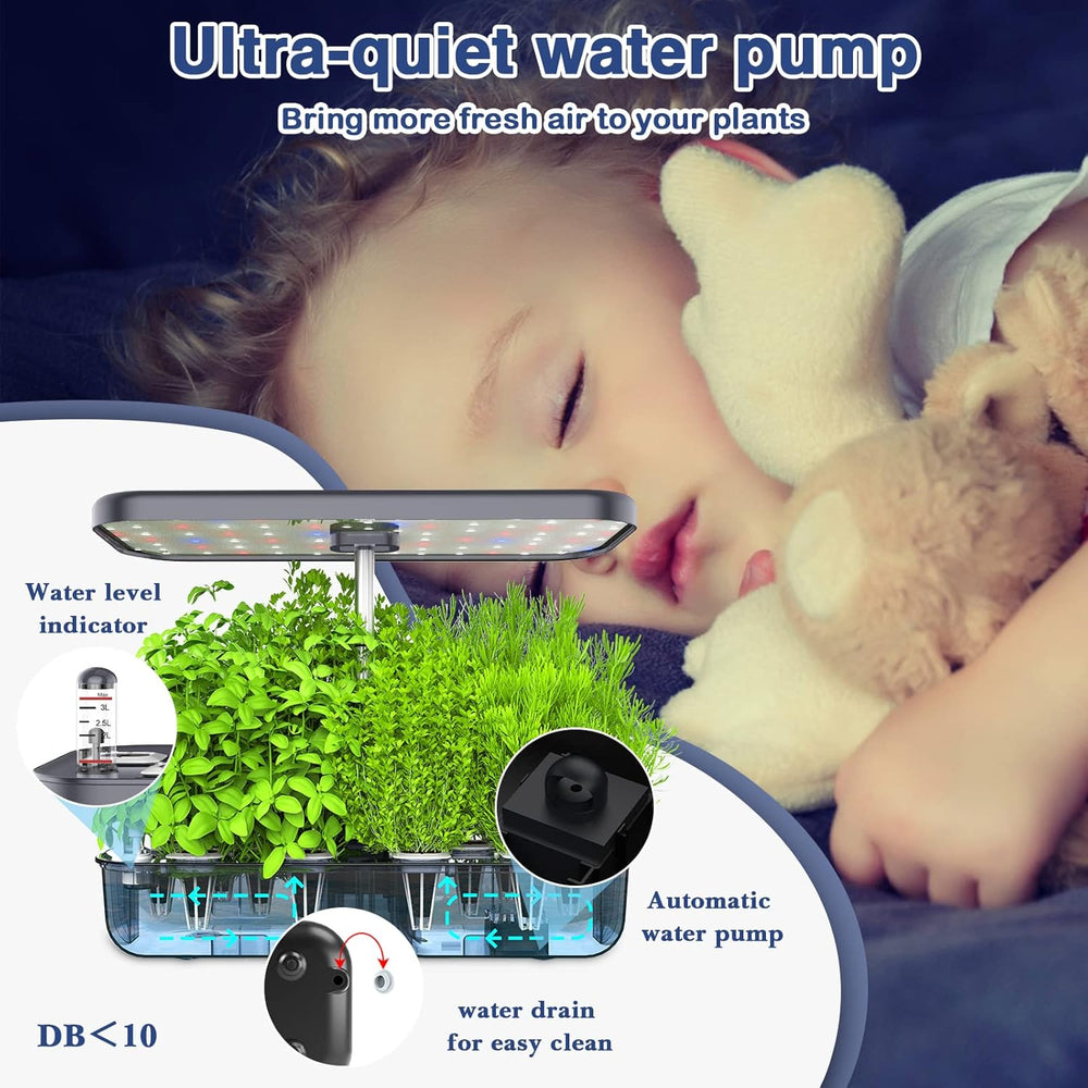 Hydrokultur-Anbausystem mit 12 Utensilien, Kräutergarten-Set für den Innenbereich mit LED-Licht, Smart Home Garden, Küche, Keimset mit automatischem Timer (grau)