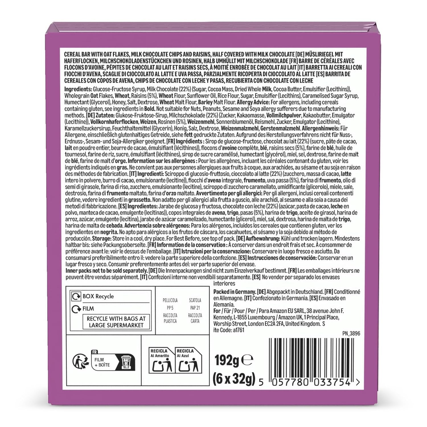 Müsliriegel mit Schokolade und Rosinen von Amazon, 192g