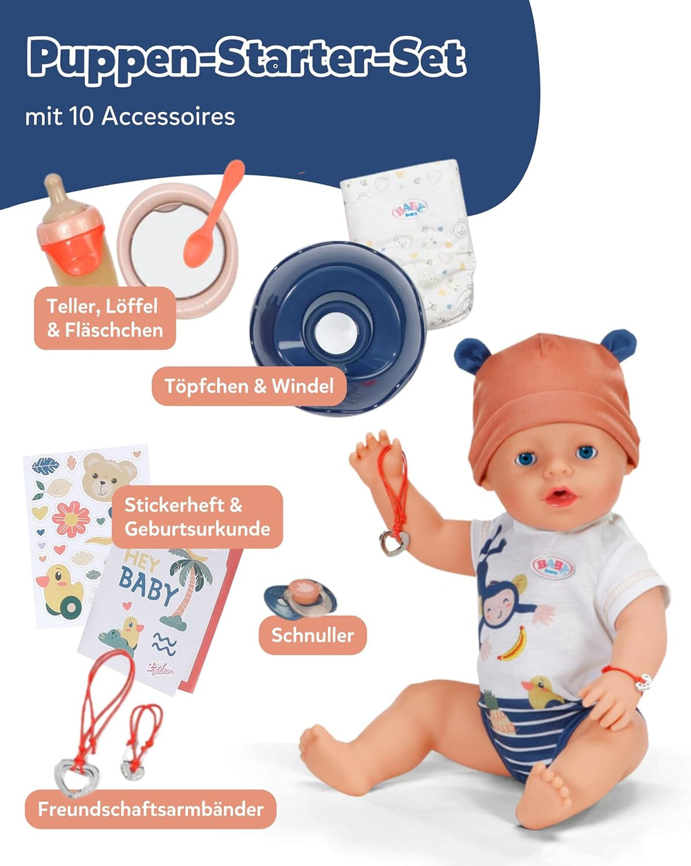 Păpușă Baby Born Emma în stil junglă - 43 cm - 10 funcții, inclusiv accesorii și salopă în culori unisex - Funcționează fără baterii - Potrivită pentru copii cu vârsta de 3 ani și peste