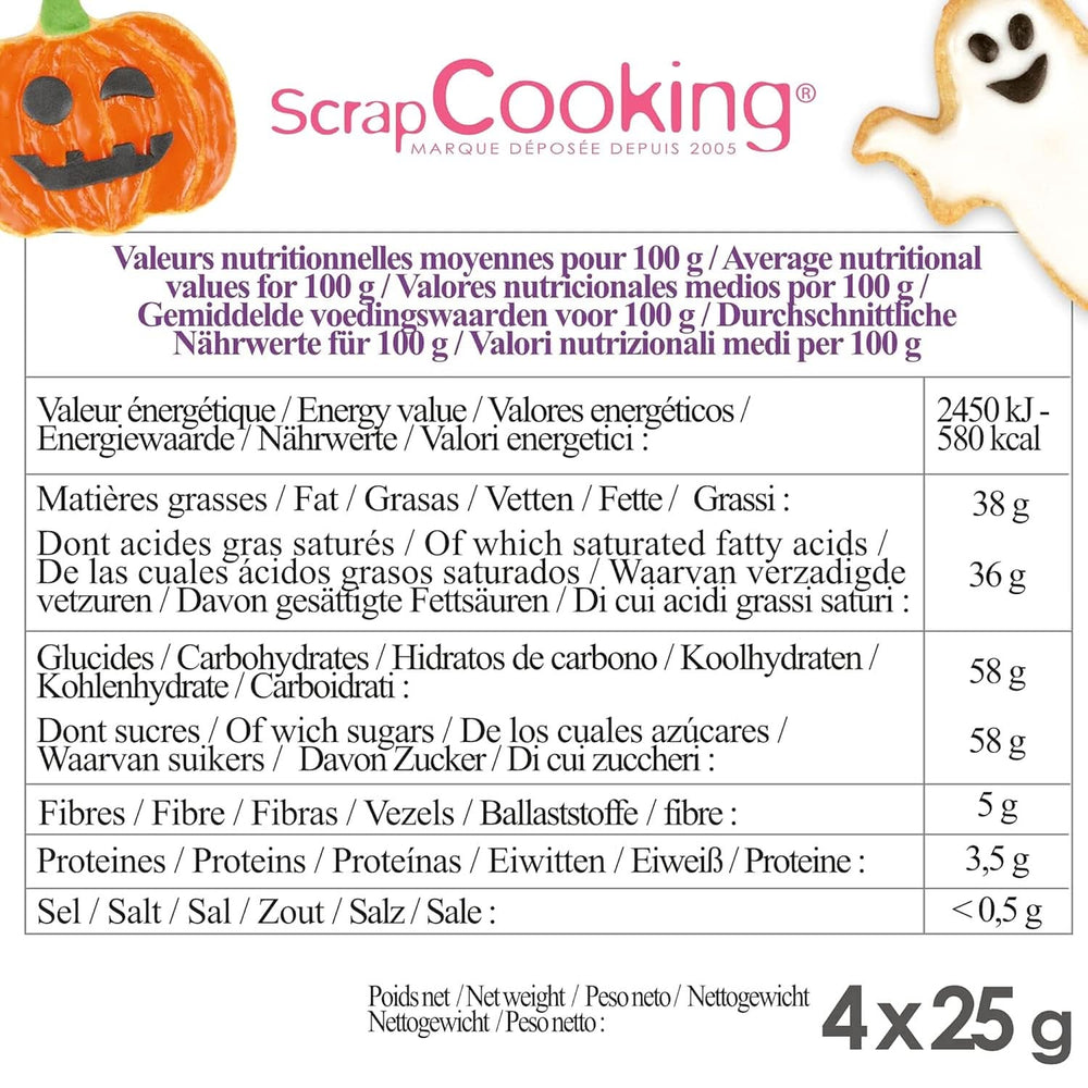 Scrapcooking – Set mit 4 Halloween-Schokoladenstiften – Schwarz, Orange, Lila und Weiß, zum Schreiben und Zeichnen auf Desserts, Kuchen und Keksen, Naty Shop