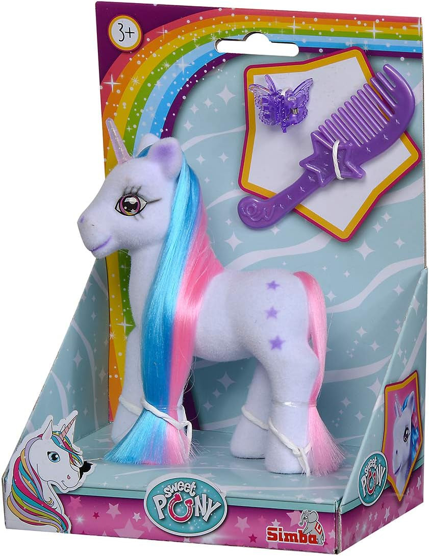Simba 104342482 – Einhorn mit gefärbtem Haar, 14 cm, beflockt, mit Kamm und Haarspangen, ab 3 Jahren, Naty Shop Dolls