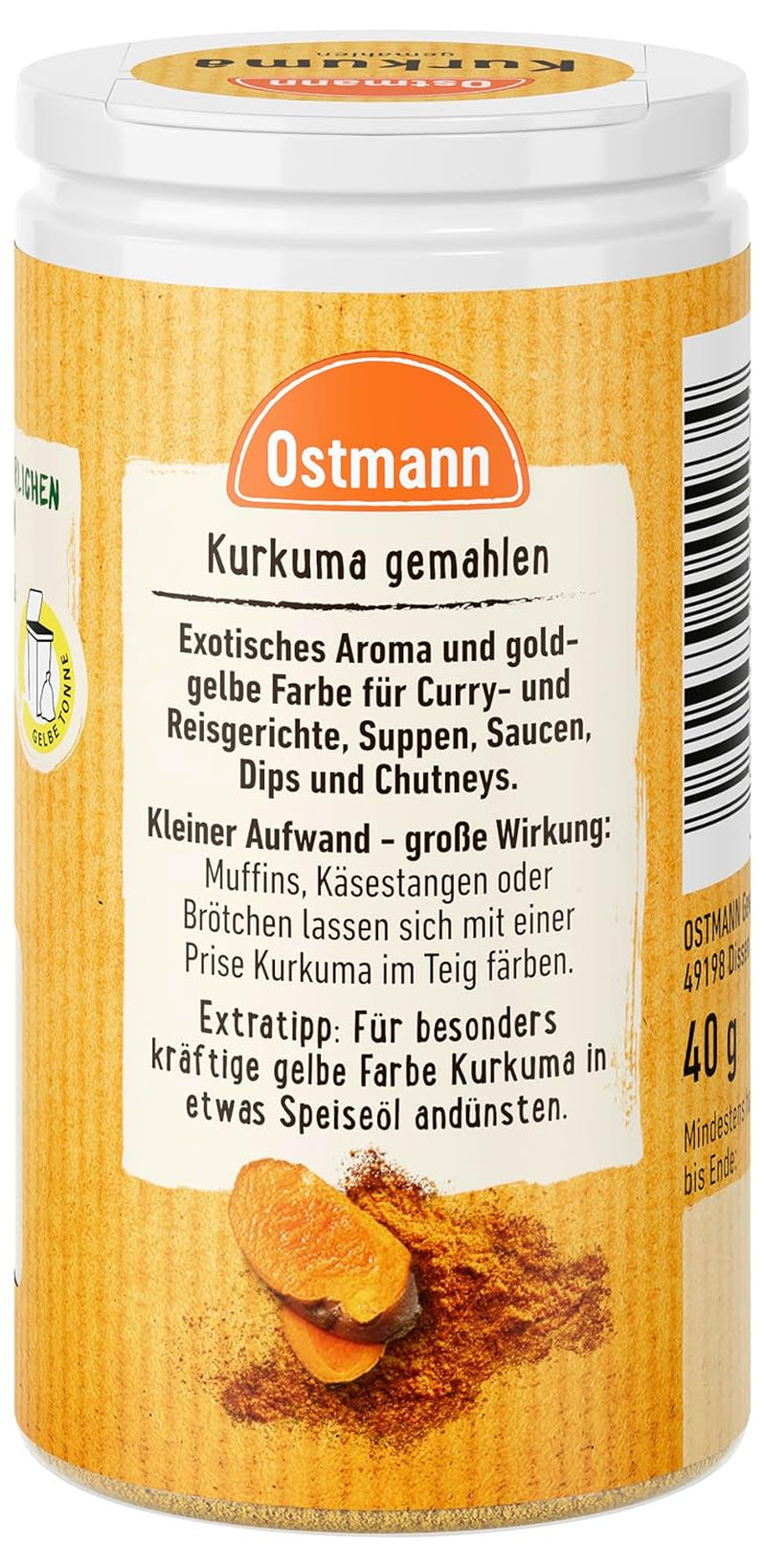 Ostmann Gewürze - Kurkuma gemahlen | Perfektes Gewürz für Curry- und Reisgerichte | Verleiht Gerichte eine goldgelbe Farbe | Natürliche Inhaltsstoffe | 40 g in der Streudose