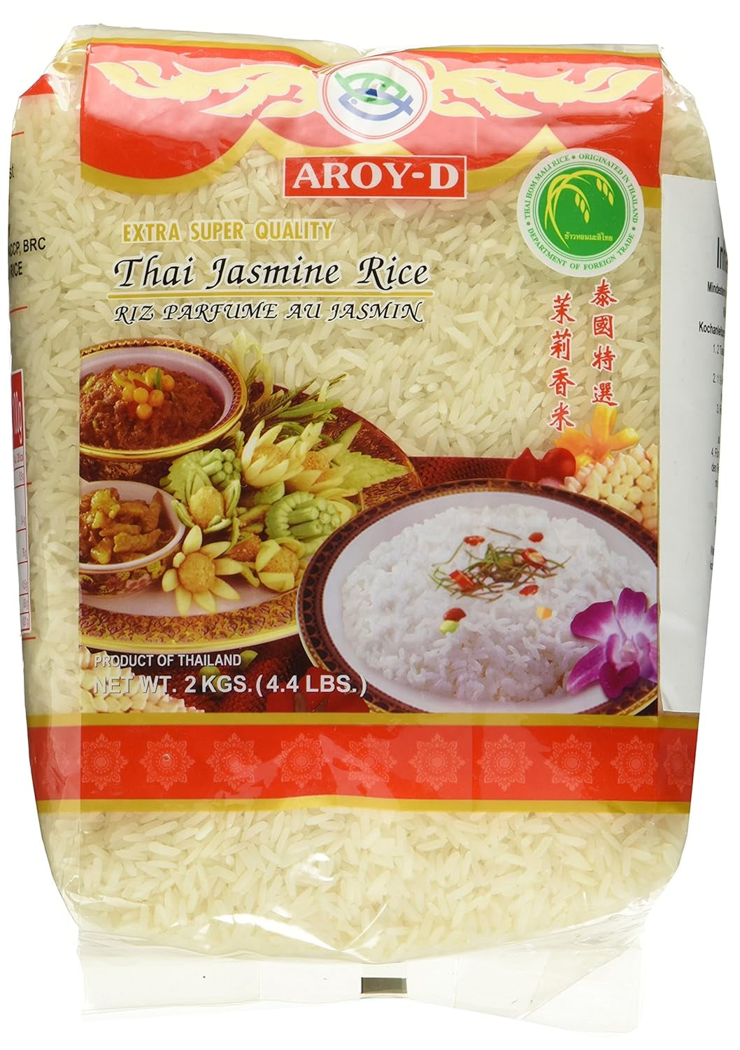 Orez parfumat Aroy-D, orez cu bob lung 100%, 1 pachet (1 x 2 kg)