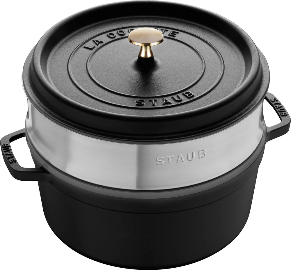 STAUB Gusseisen Bräter/Cocotte, Mit Dämpfeinsatz Aus Edelstahl, Rund 26 Cm, 5,2 L, Aromaregen Funktion Für Optimale Befeuchtung, Für Alle Herdarten Inkl. Induktion & Backofen, Kirschrot, Rot Formen und Backbleche Naty Shop Schwarz