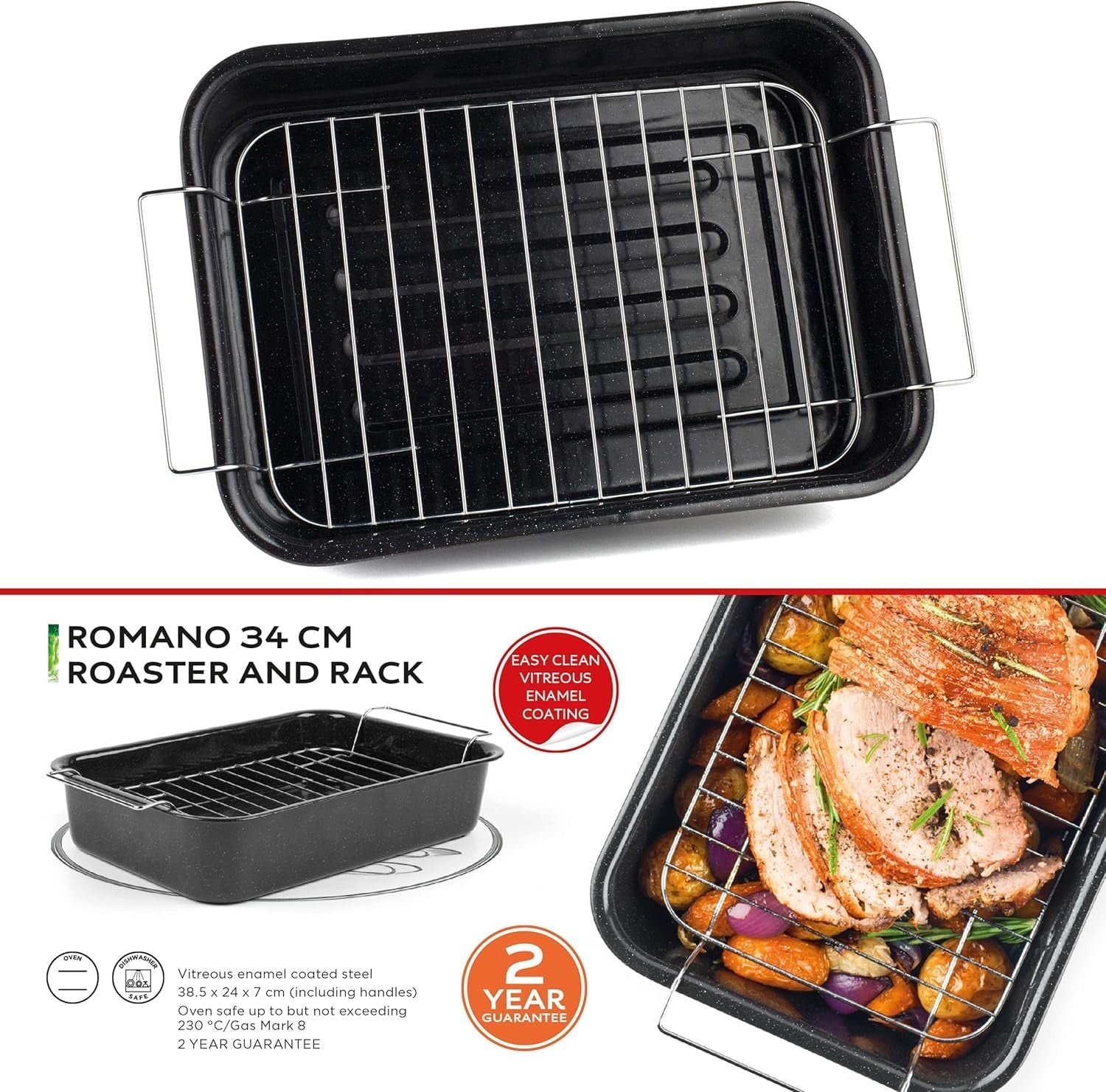 Russell Hobbs CW9161 Romano 34Cm Emaille Bräter - Mit Gitter, Rechteckige Auflaufform Mit Rost, Spülmaschinenfest Ofenform, Grill Auflaufform, Bratform Für Backofen Ofenbeständig Bis 230 Grad Formen und Tabletts zum Backen Naty Shop