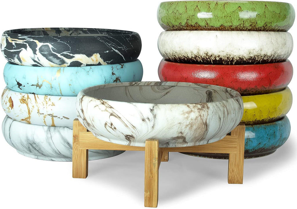 Ghiveci suculent, jardinieră mare pentru suculente cu suport, ghiveci bonsai ceramic de 25,4 cm cu drenaj, rotund, marmură, cactus, flori, jardinieră pentru interior și exterior