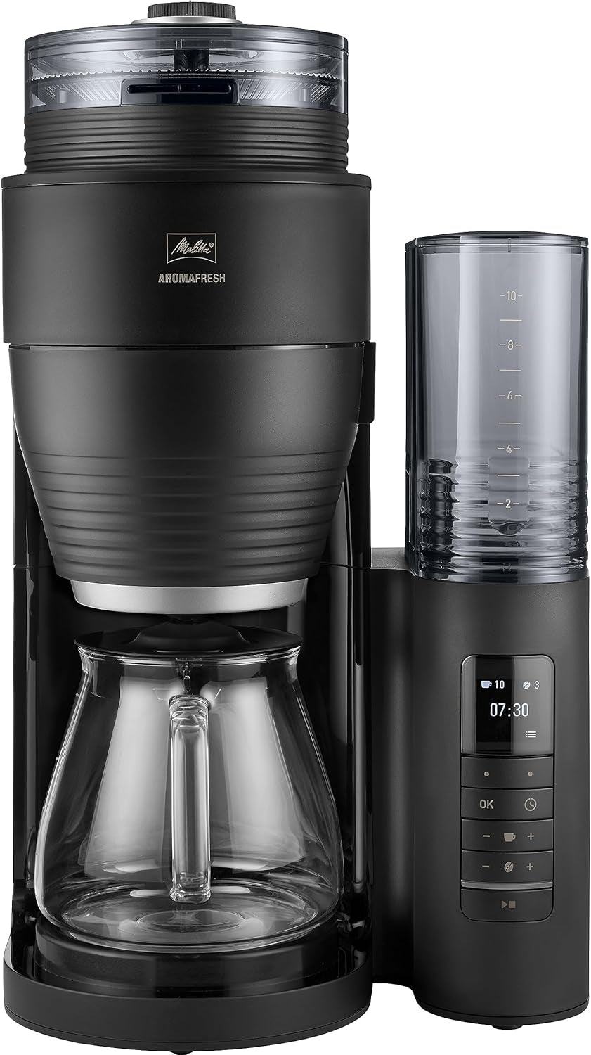 Melitta AromaFresh Therm Pro X – Espressor cu filtru, râșniță integrată, rezervor de apă detașabil, carafă termică din oțel inoxidabil și funcție de temporizator, pentru până la 8 cești de cafea, negru/argintiu