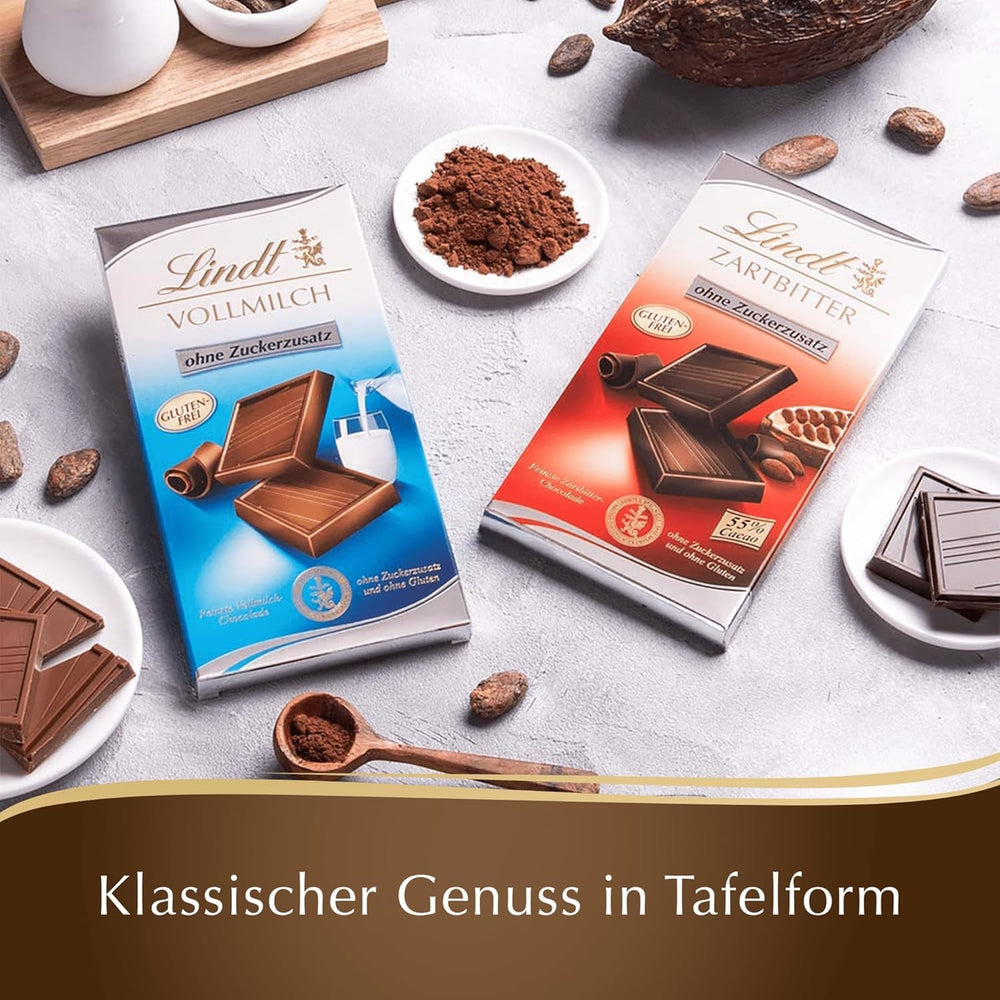 Ciocolată cu lapte Lindt fără zahăr adăugat | Baton 100g | Cea mai fină și fără gluten | Cadou de ciocolată