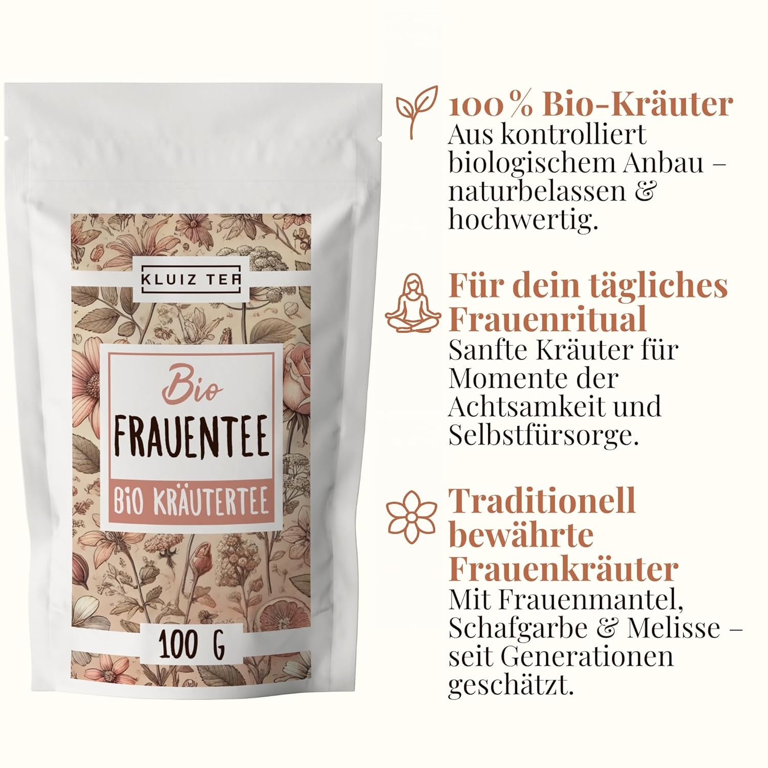 Ceai pentru femei bio vrac - 100 grame I Ceai din plante cu alchemilla, agnocastan, coada șoricelului și alte plante tradiționale I Ceai din plante de la KLUIZ