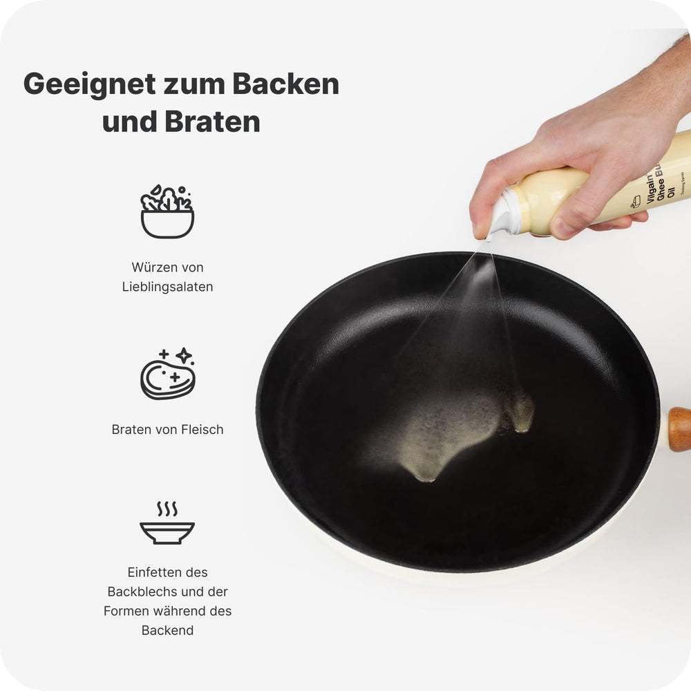 Vilgain Ghee Spray mit Avocadoöl | Laktosefrei, zum Kochen & Backen | Rauchpunkt 195°C, herzgesund, BRC-zertifiziert | Ideal für laktoseempfindliche Menschen Geschmacks-Harmonie, 200ml