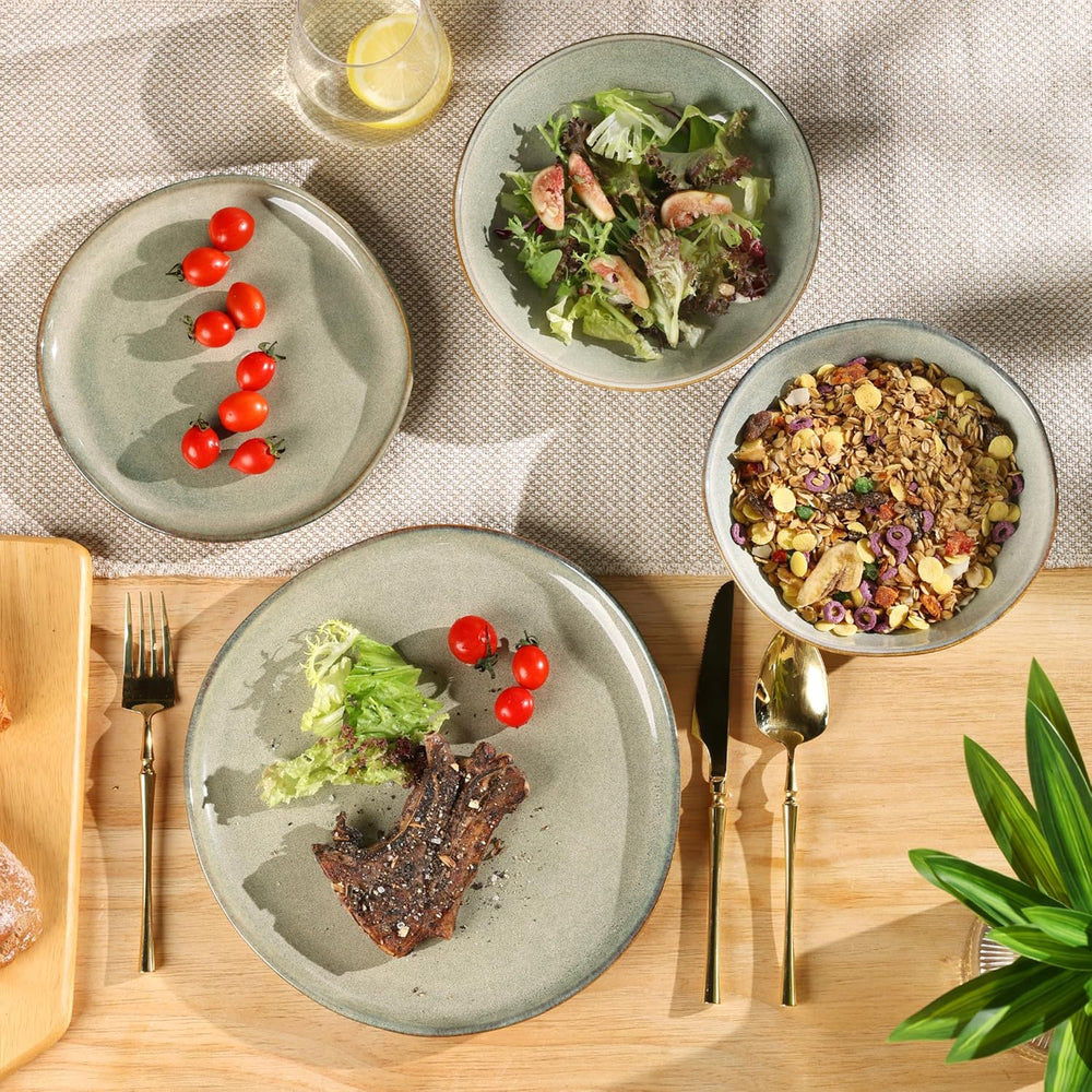 Set de veselă GBhome din gresie pentru 6 persoane, 24 de piese, glazură reactivă, lucrat manual, potrivit pentru cuptorul cu microunde și mașina de spălat vase, set de boluri și farfurii, Desret Sage, GDW007GY-24P-EU