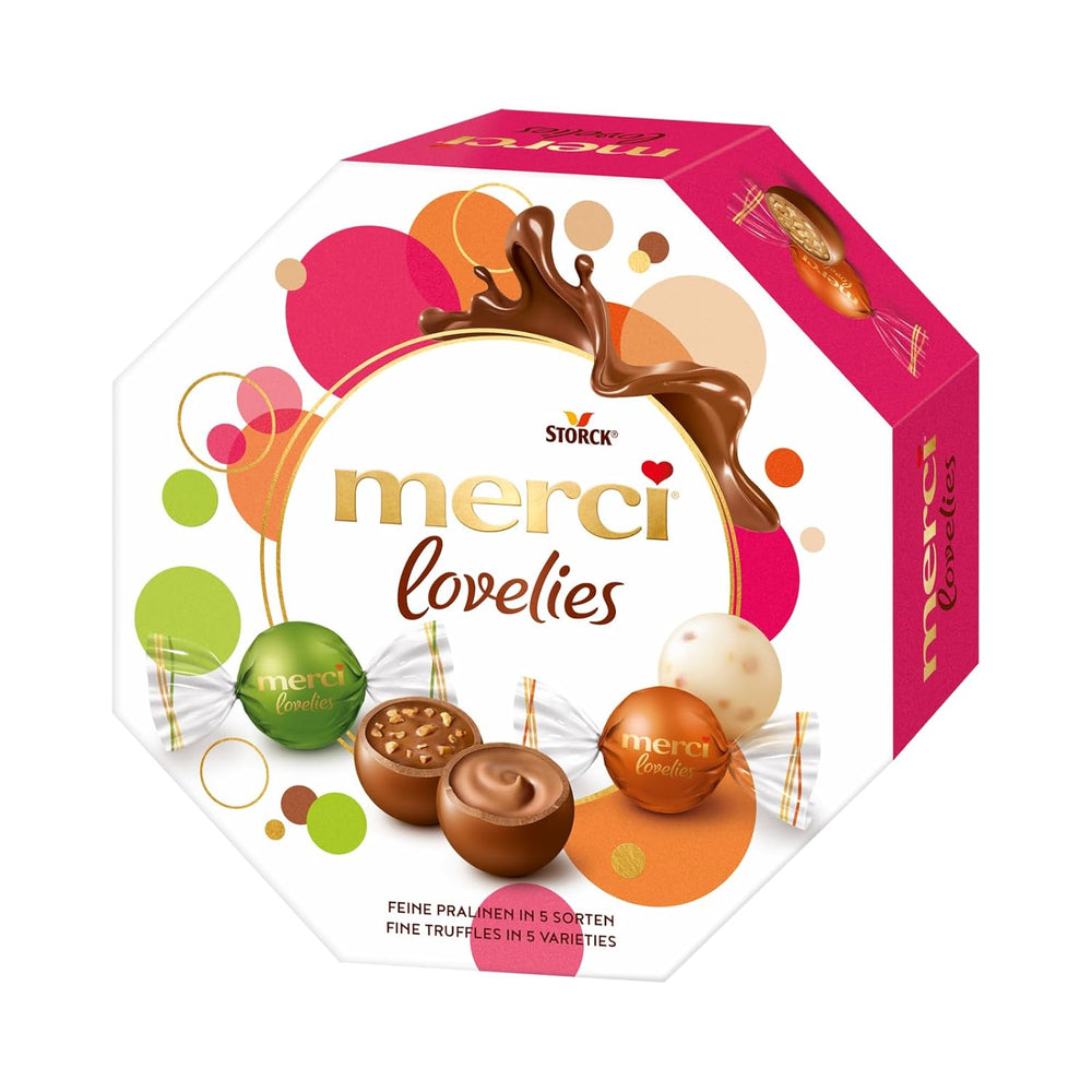 merci lovelies Creamy – 1 x 185g – Pralinenschachtel mit 4 gefüllten Schokoladenspezialitäten – Schokokugeln zum Teilen und Verschenken