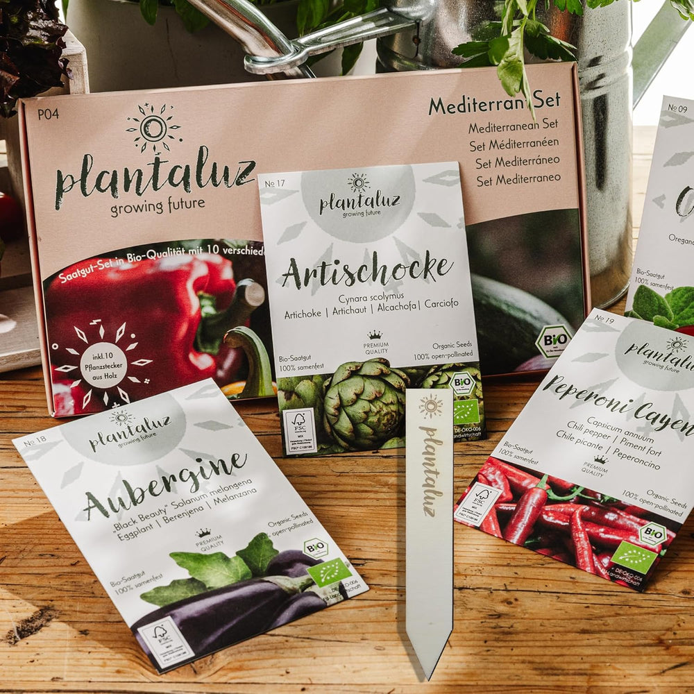 Plantaluz Premium Bio-Samen-Set P04 – Mediterranes Gemüse- und Kräuter-Samen-Set mit 10 Sorten für Garten, Balkon und Hochbeet – inklusive FSC-Pflanzstäbchen – frei bestäubte und gentechnikfreie Bio-Samen