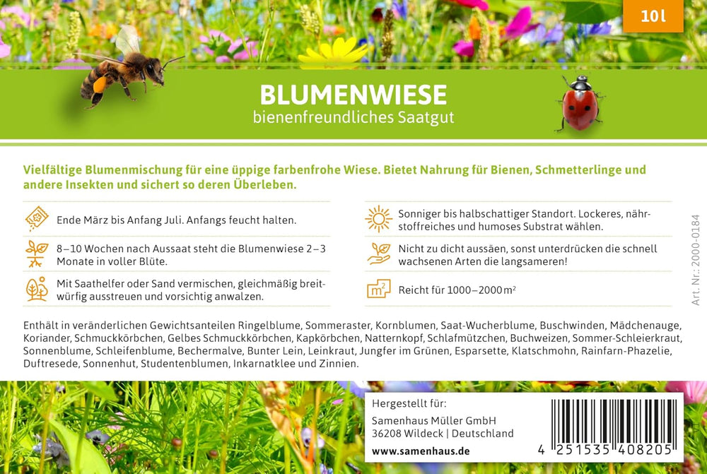 FLORTUS – Blumenwiese Saatgut Für Bienen, Hummeln & Schmetterlinge – 10 Liter Eimer Wildblumenwiese Samen Für 1.000-2.000 M² – Bunte Wildblumensamen Mischung Für Eine Insektenfreundliche Blumenwiese