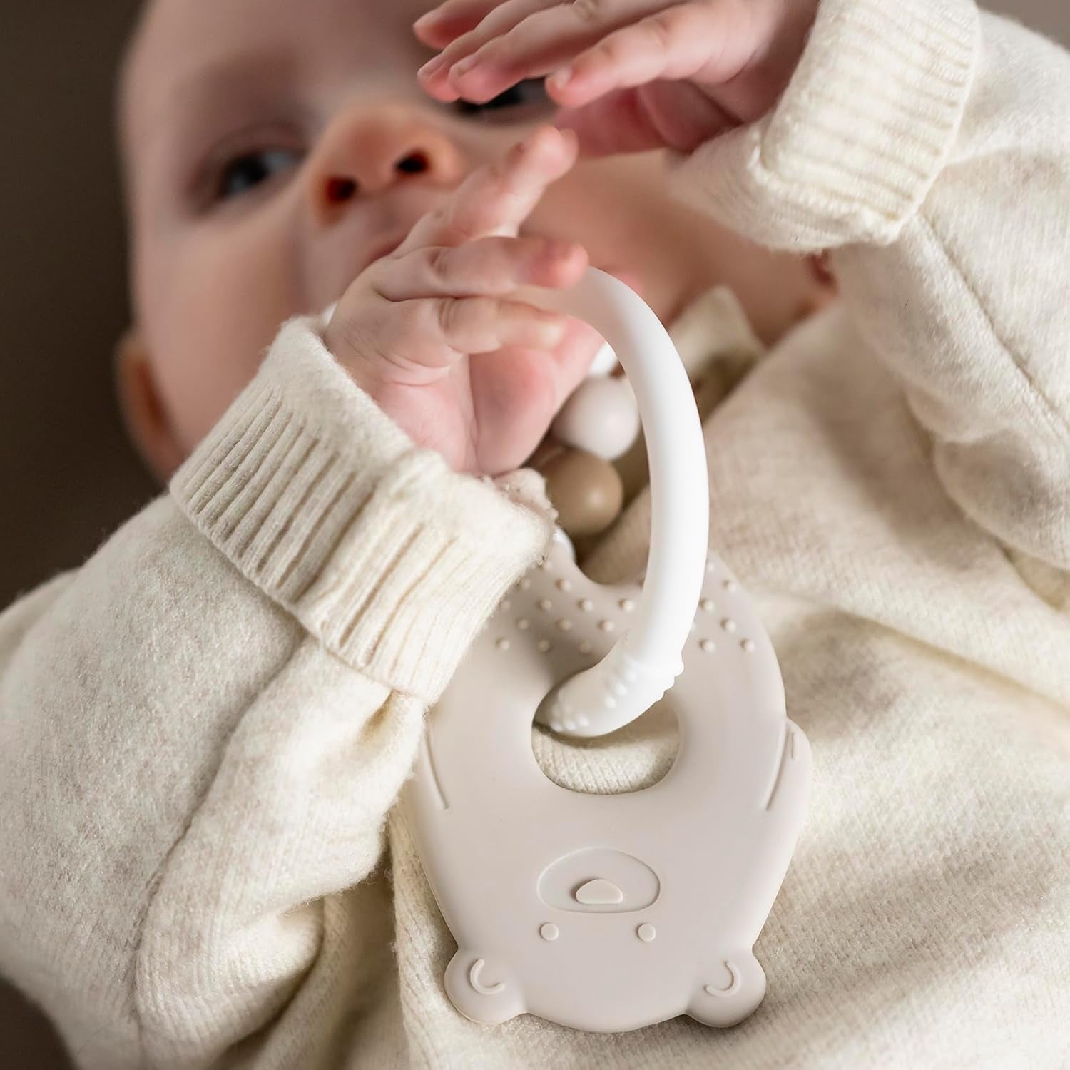 Inel de dentiție din silicon Nattou, ursuleț, fără BPA, aprox. 13 cm, silicon, culori argilă