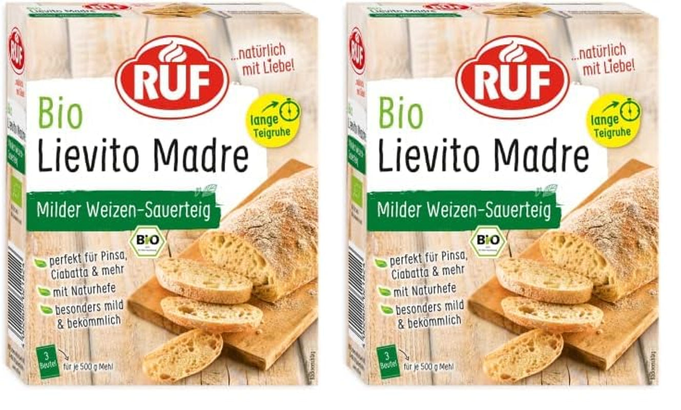 RUF Lievito Madre Sauerteig, Milder Weizen-Sauerteig, Mutterteig, Kurze Teigruhe Durch Enthaltene Trockenhefe, Lievito Madre Getrocknet Für Brot, Baguette, Focaccia, 3X35G Mischung zum Backen und Kochen Naty Shop 105 G (2Er Pack) Lange Teigruhe