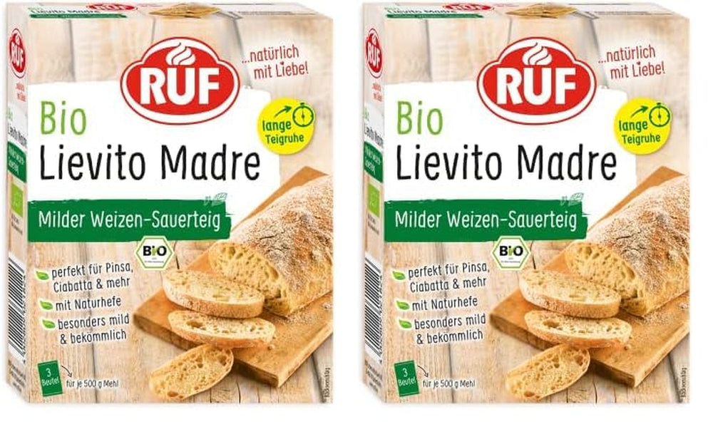 RUF Lievito Madre Sauerteig, Milder Weizen-Sauerteig, Mutterteig, Kurze Teigruhe Durch Enthaltene Trockenhefe, Lievito Madre Getrocknet Für Brot, Baguette, Focaccia, 3X35G Mischung zum Backen und Kochen Naty Shop 105 G (2Er Pack) Lange Teigruhe