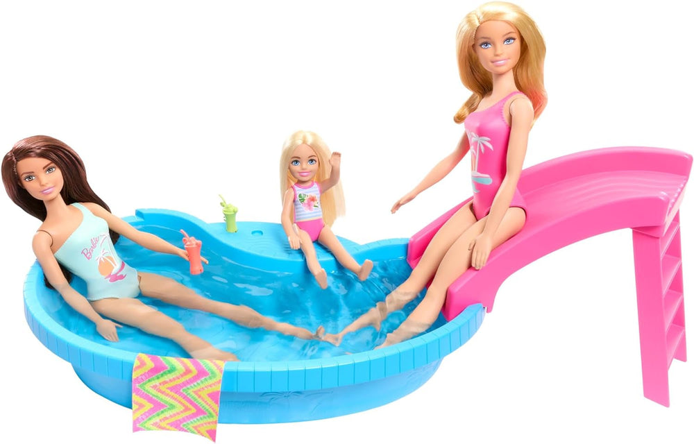 Barbie-Puppe und Zubehör – Pool mit Rutsche und Zubehör für stundenlangen Spaß in der Sonne, rosa Badeanzug mit tropischem Design, für Kinder ab 3 Jahren, HRJ74 Naty Shop Dollhouses