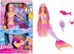 Păpușă sirenă BARBIE - inspirată din serialul TV "Barbie A Hidden Magic", cu efect de schimbare a culorilor și accesorii, păr roz lung de 19 cm pentru styling, pentru copii de la 3 ani, HRP97 Papusi Naty Shop Sirenă cu păr lung roz - Hrp97