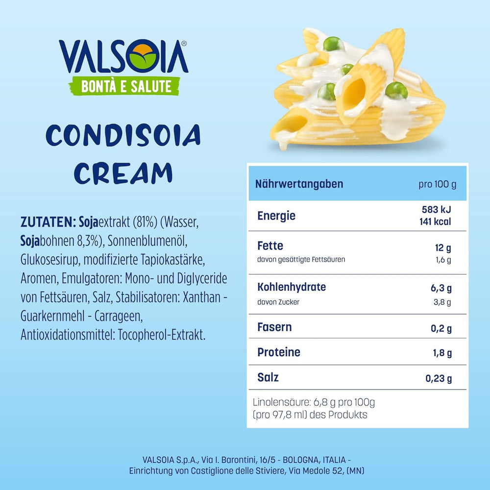 Condisoia-Creme, ideale Kochcreme für Menschen mit Laktoseintoleranz, Veganer und Vegetarier, vielseitig in der Küche einsetzbar, 6 x 200 g