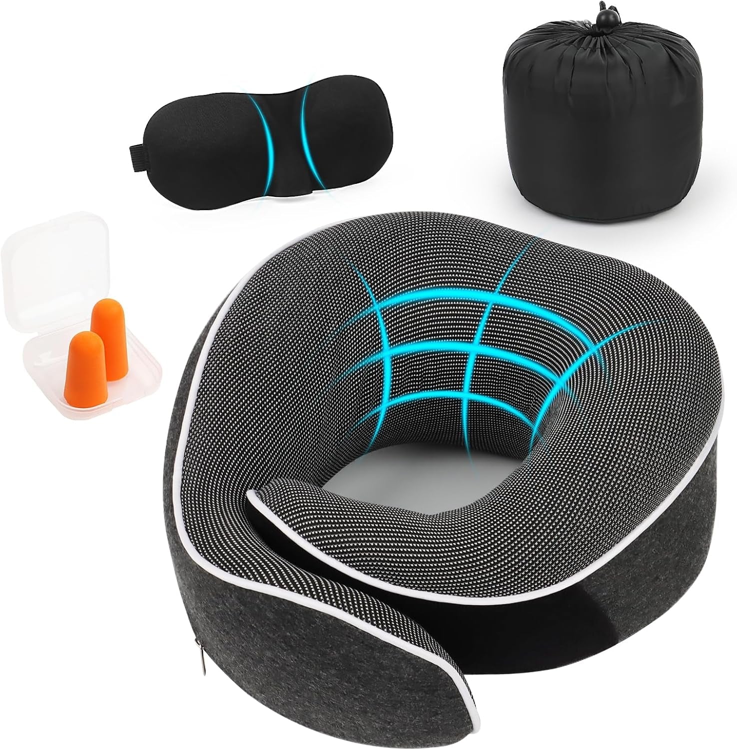 KILDOWS Pernă de gât pentru avion, pernă de călătorie din spumă cu memorie, pernă de călătorie pentru avion cu mască pentru ochi și dopuri pentru urechi, pernă ortopedică pentru gât, ideală pentru călătorii cu avionul, mașina, trenul Perne ortopedice cervicale Naty Shop Titlu implicit