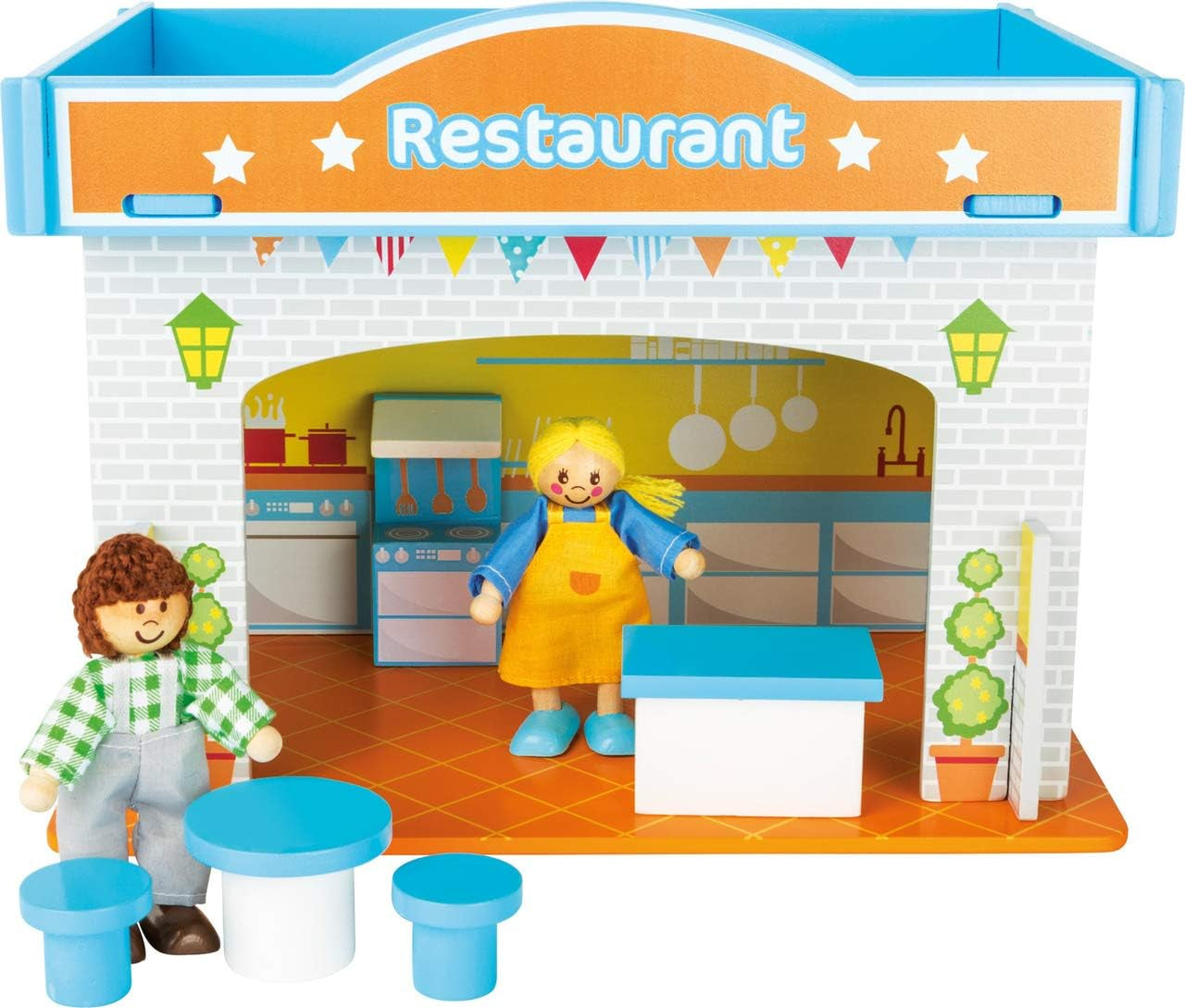 Small Foot 10852 Playhouse Restaurant Fabricat din lemn, Cu 2 figurine pentru păpuși, accesorii și acoperiș detașabil, De la 3 ani Casute de papusi Naty Shop Restaurant