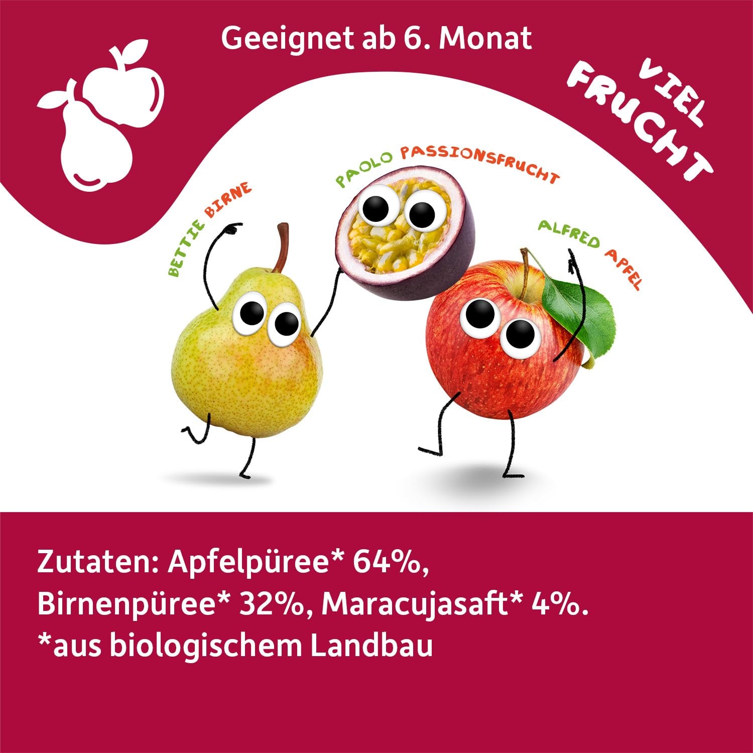 FRECHE FREUNDE Bio Quetschie Apfel, Birne & Maracuja, Fruchtmus mit Obst im Quetschbeutel für Babys ab dem 6. Monat, vegan, 6er Pack (6 x 100g)