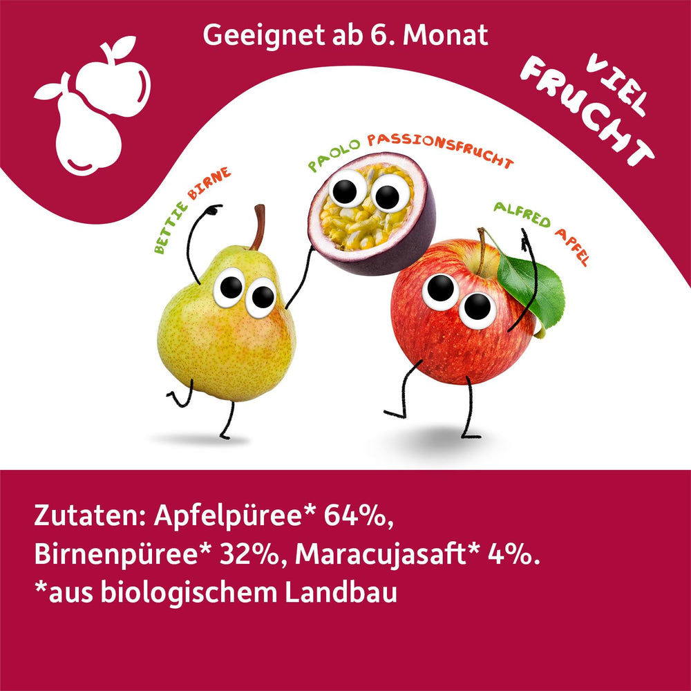 FRECHE FREUNDE Bio Quetschie Apfel, Birne & Maracuja, Fruchtmus mit Obst im Quetschbeutel für Babys ab dem 6. Monat, vegan, 6er Pack (6 x 100g)