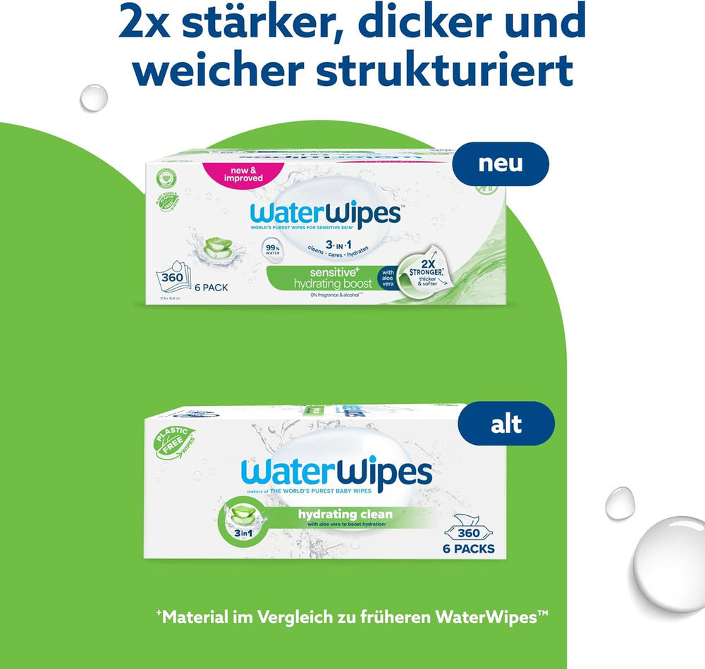 WaterWipes Sensitive+ Hydrating Boost Feuchttücher, feuchtigkeitsspendende Tücher, 360 Stück (6er-Pack), 3-in-1-Reinigung, Pflege, Hydratation, 99 % Aloe-Vera-Wasser, parfümfreie Babytücher