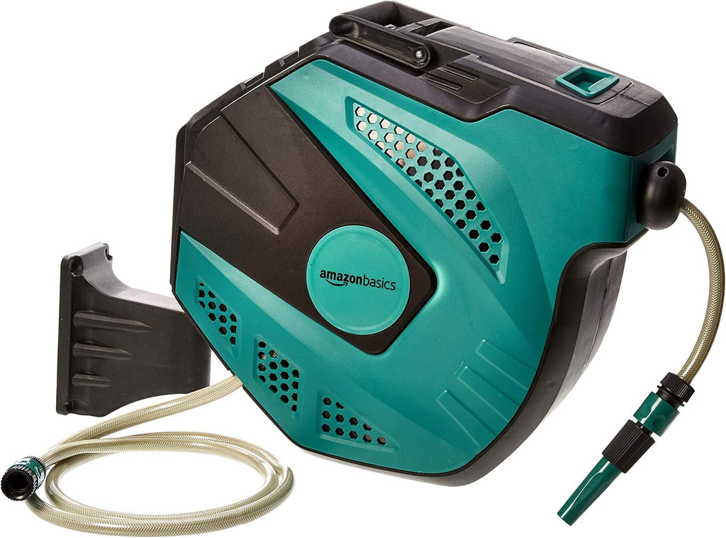 Rolă de furtun de perete Amazon Basics cu furtun, înfășurare automată, 15 m, verde bleumarin, negru