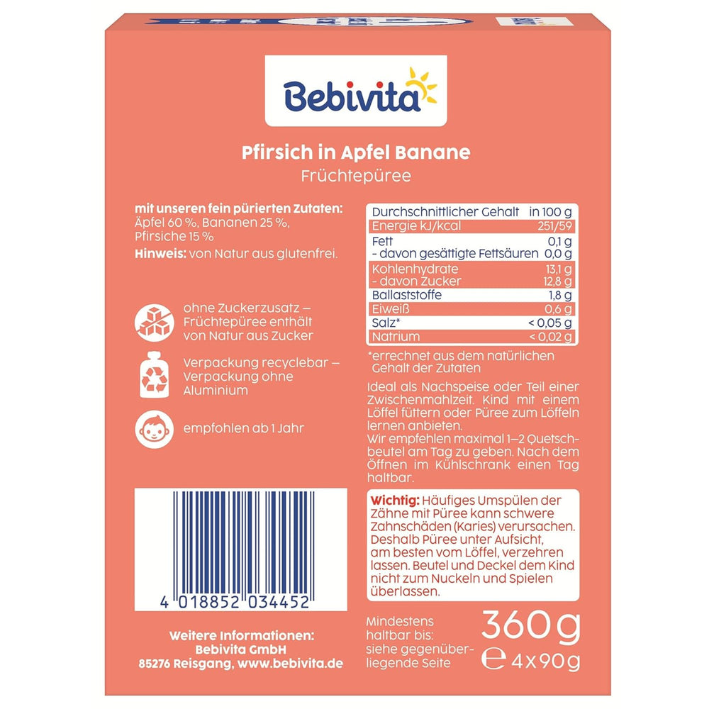 Quetschbare Pfirsich-, Apfel- und Bananenbeutel – 16 (4er-Packung, je 4 x 90 g), ohne Zuckerzusatz, glutenfrei, ideal für Snacks zum Mitnehmen und zum Selbstverzehr