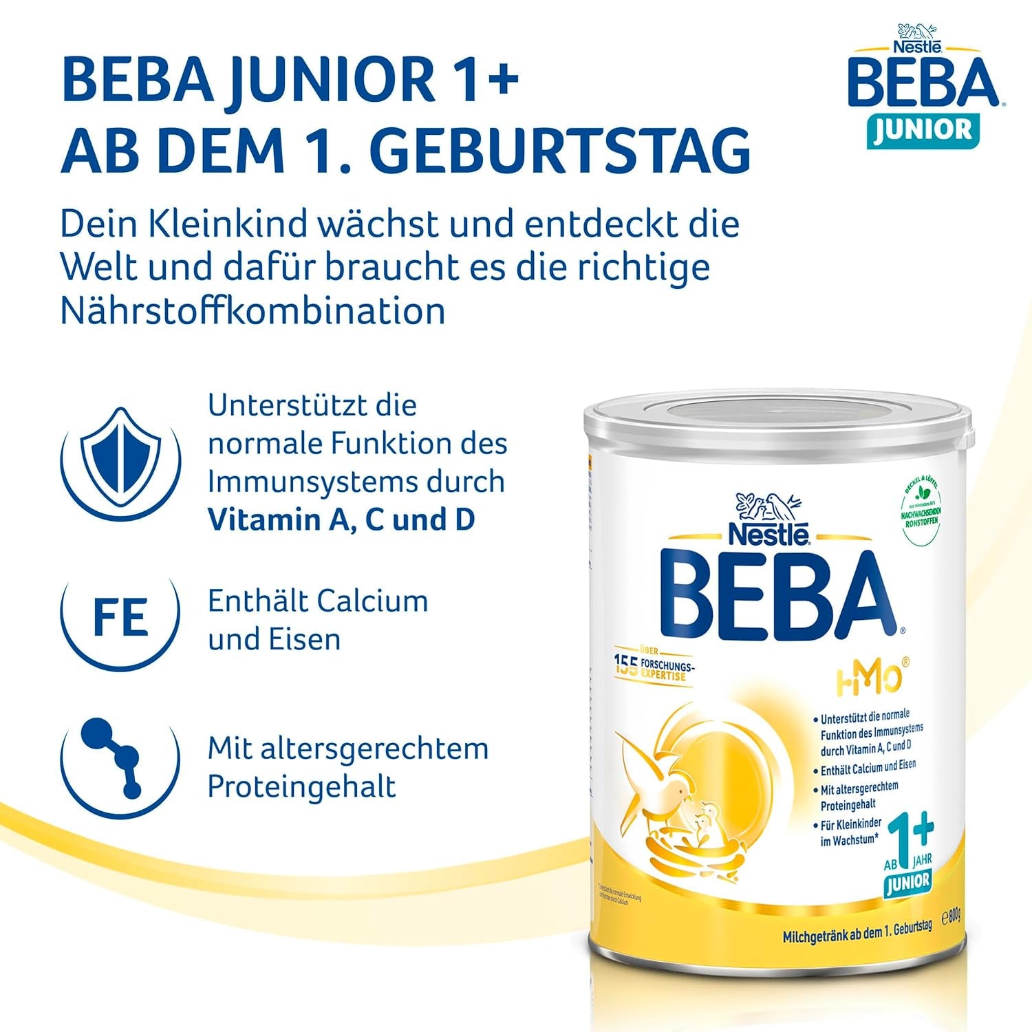BEBA Junior 1+ Milchgetränk ab 1 Jahr, Mit HMO, Altersgerechter Proteingehalt, Nur Laktose, Ohne Palmöl, Ohne Fischöl, Kleinkindnahrung, Babymilchpulver, 6er Pack (6 x 800g)