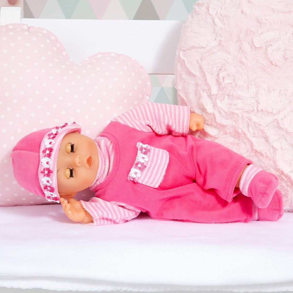 Bayer Design 93800-pink 93825AA Babypuppe First Words, Schlafaugen, spricht 24 Babylaute, weicher Körper, mit Schnuller und Flasche, 38 cm, pink