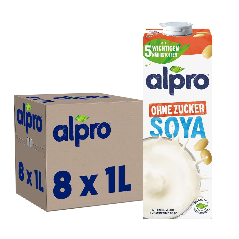 Alpro Sojadrink – Vegan und milchfrei – Von Natur aus laktosefrei und fettarm – Reich an pflanzlichen Proteinen, inhalt Calcium und Vitamine – 8 x 1 L – Haltbar