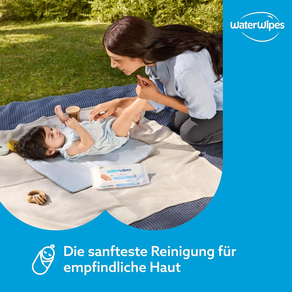 WaterWipes Sensitive+ Feuchttücher für Neugeborene und Babys, 240 Stück (4er-Pack), 3-in-1-Reinigung, Pflege, Schutz, 99,9 % Wasser, parfümfrei