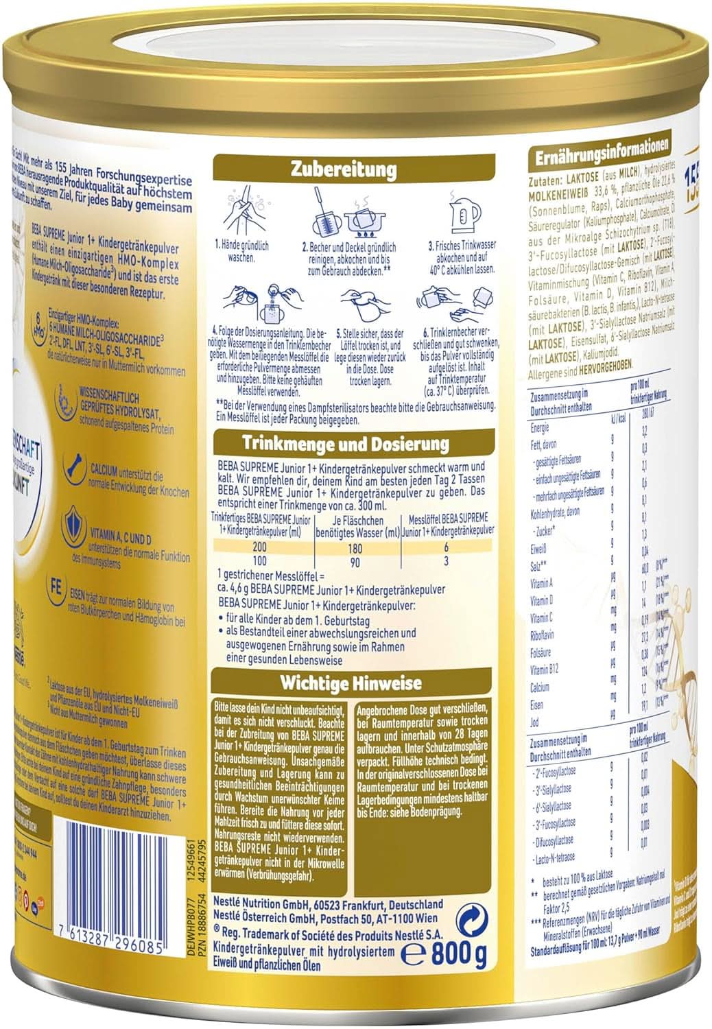 Kindergetränk BEBA SUPREME Junior 1+ ab 1 Jahr, Nahrung für Kinder mit 6 HMO-Komplex, nur Laktose, ohne Palmöl, Packung 6 (6 x 800 g) Mutter und Kind Naty Shop