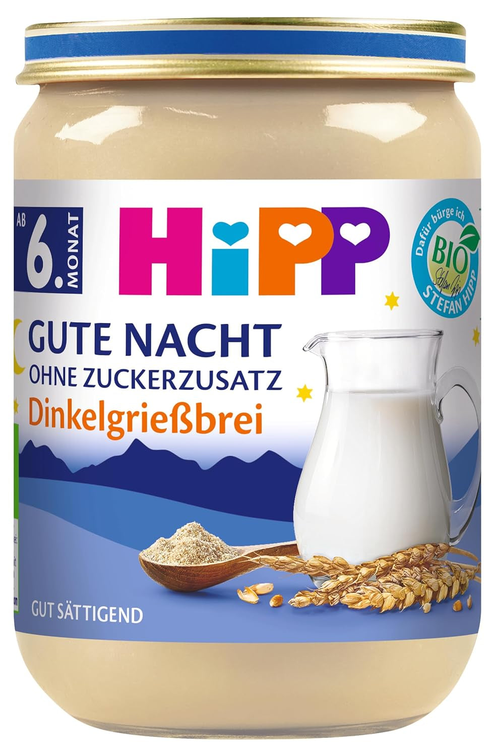 HiPP Bio-Gute-Nacht-Dinkelbrei (6 x 190g), Babynahrung ab 6 Monaten, ohne Zuckerzusatz, sehr sättigend, beste Bio-Qualität