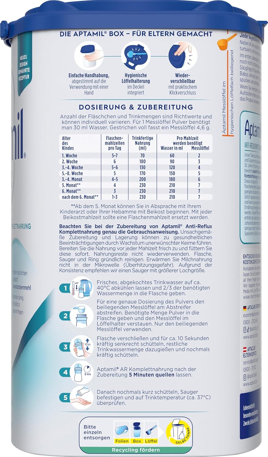Aptamil Anti-Reflux – Komplette Formel von Geburt an, diätetische Behandlung, Erbrechen und Aufstoßen, Babynahrung, Milchpulver, 1 x 800 g
