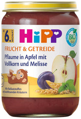 HiPP Bio-Pflaumen in Apfelcreme mit Vollkorn und Zitronenmelisse (6 x 190g), ab 6 Monaten, mit Bio-Vollkorn und wohltuenden Kräutern, ausschließlich natürliche Fruchtsüße, in bester Bio-Qualität