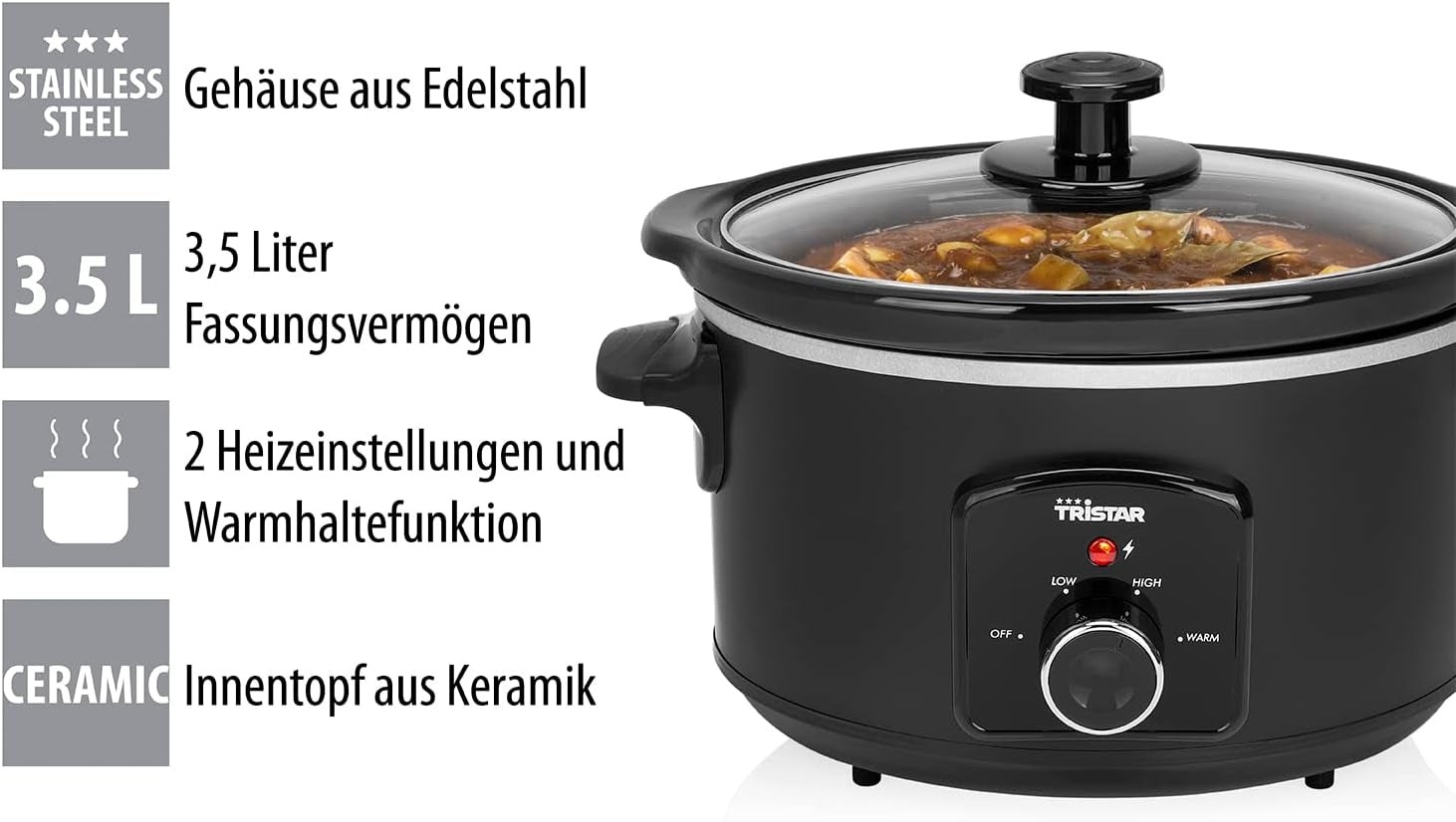Tristar VS-3915 Slow Cooker, Edelstahl-Keramiktopf mit 2 Heizstufen und Warmhaltefunktion, 3,5 L Slow Cooker Naty Shop