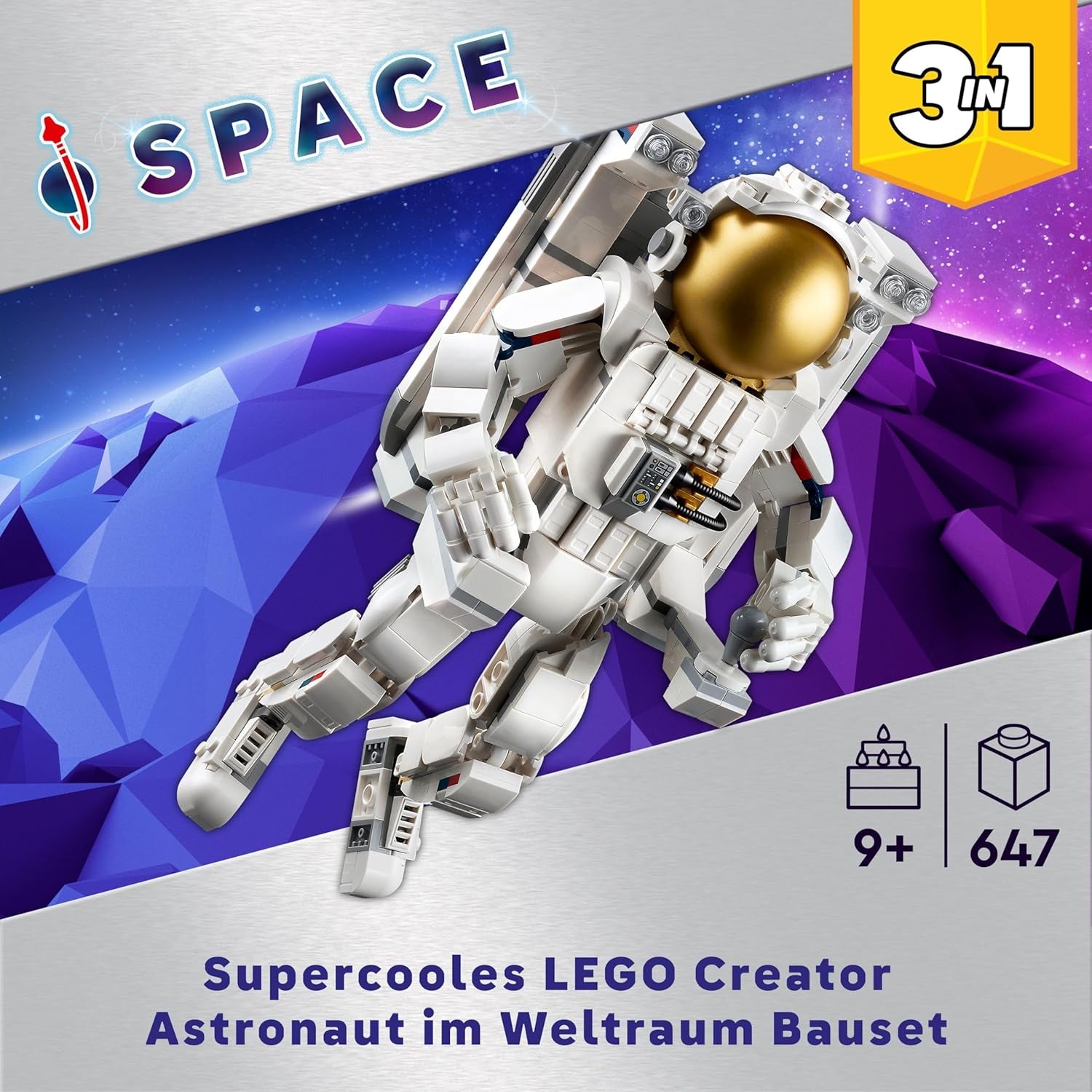 LEGO Creator 3in1 Astronaut im Weltraum Spielzeug, Modellbauset mit Hund und Raumschiff für Kinder, Kinderzimmer-Deko, kreatives Geschenk für Jungen und Mädchen ab 9 Jahren 31152