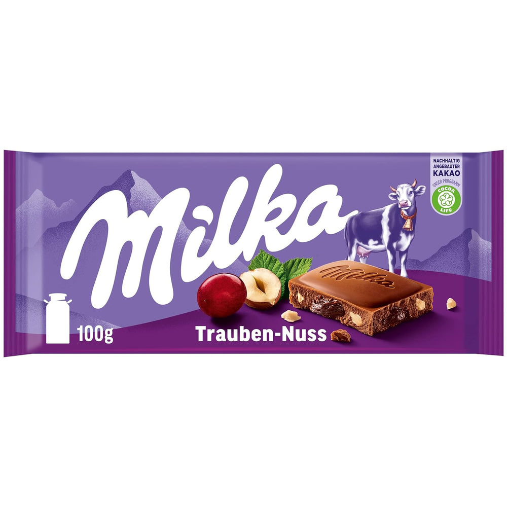 Milka Trauben und Haselnüsse – Alpenmilchschokolade mit Haselnuss- und Rosinenstückchen – 90g