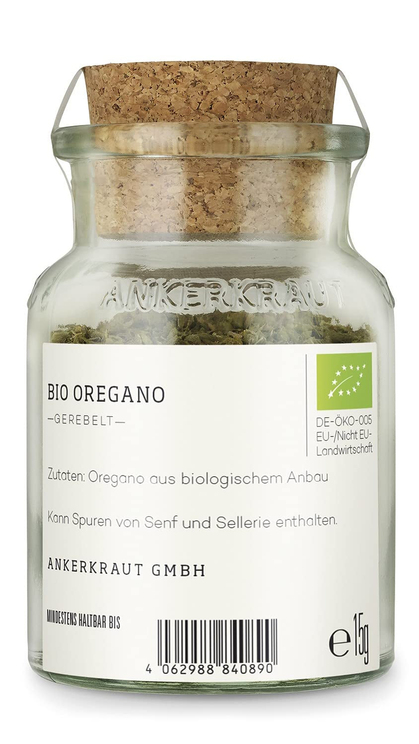 Ankerkraut BIO Oregano, gerebeltes Küchen-Kraut, 15 g im Korkglas, Bio-Qualität zum selber Sürzen, Gewürz mediterrane Küche für Pizza & Pasta