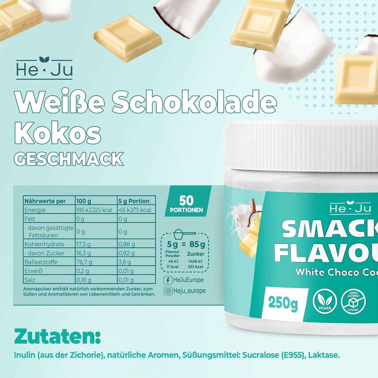 He-Ju, Pulver mit weißem Schokoladen- und Kokosgeschmack, 250 Gramm Aromen Naty Shop