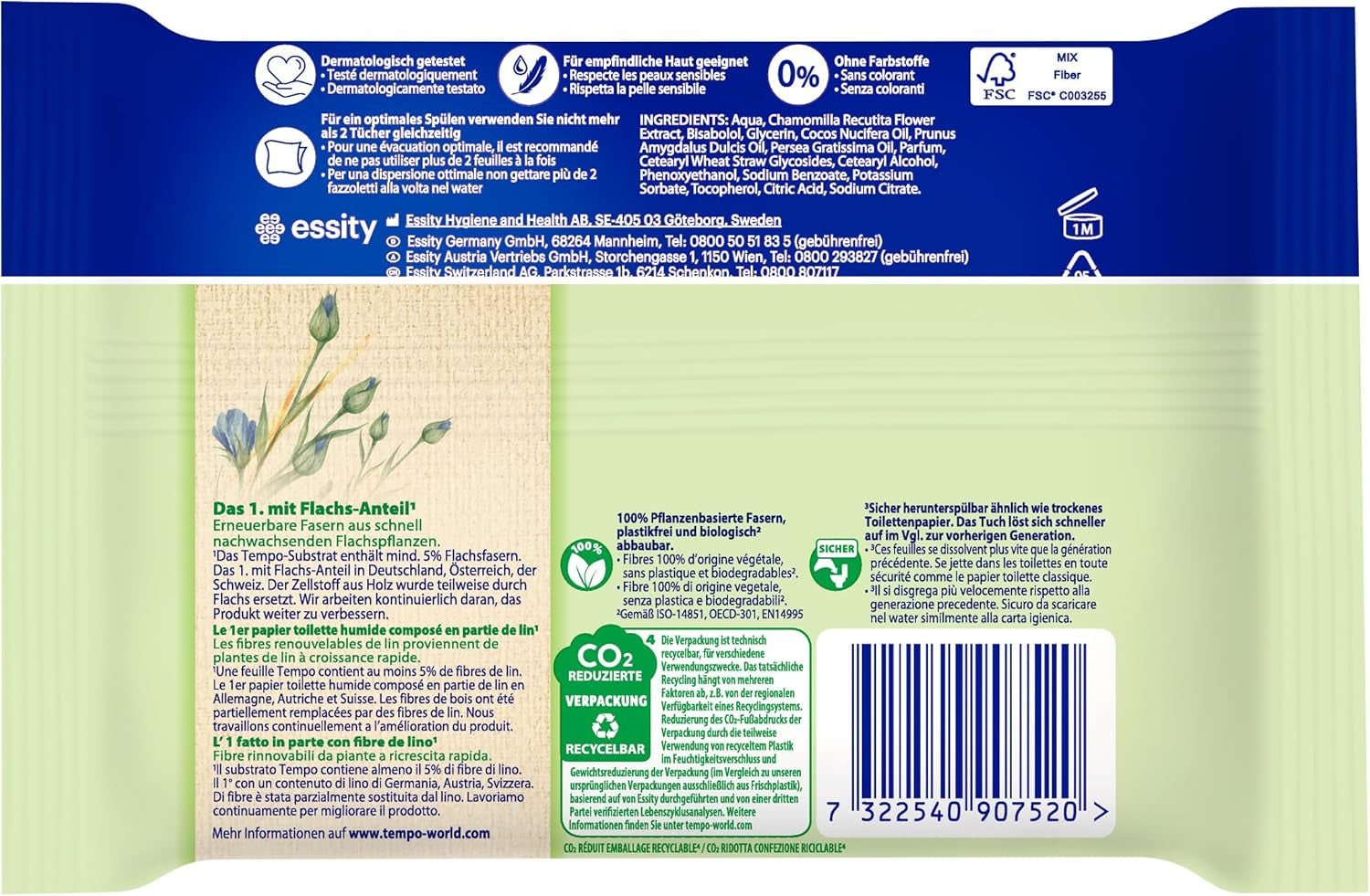 Șervețele umede de toaletă Tempo ''Gentle & Sensitive'' - Megapack - 16 pachete cu 42 de șervețele fiecare - Duo Packs - Aloe Vera naturală - Hârtie igienică, testată dermatologic, neutră pentru piele