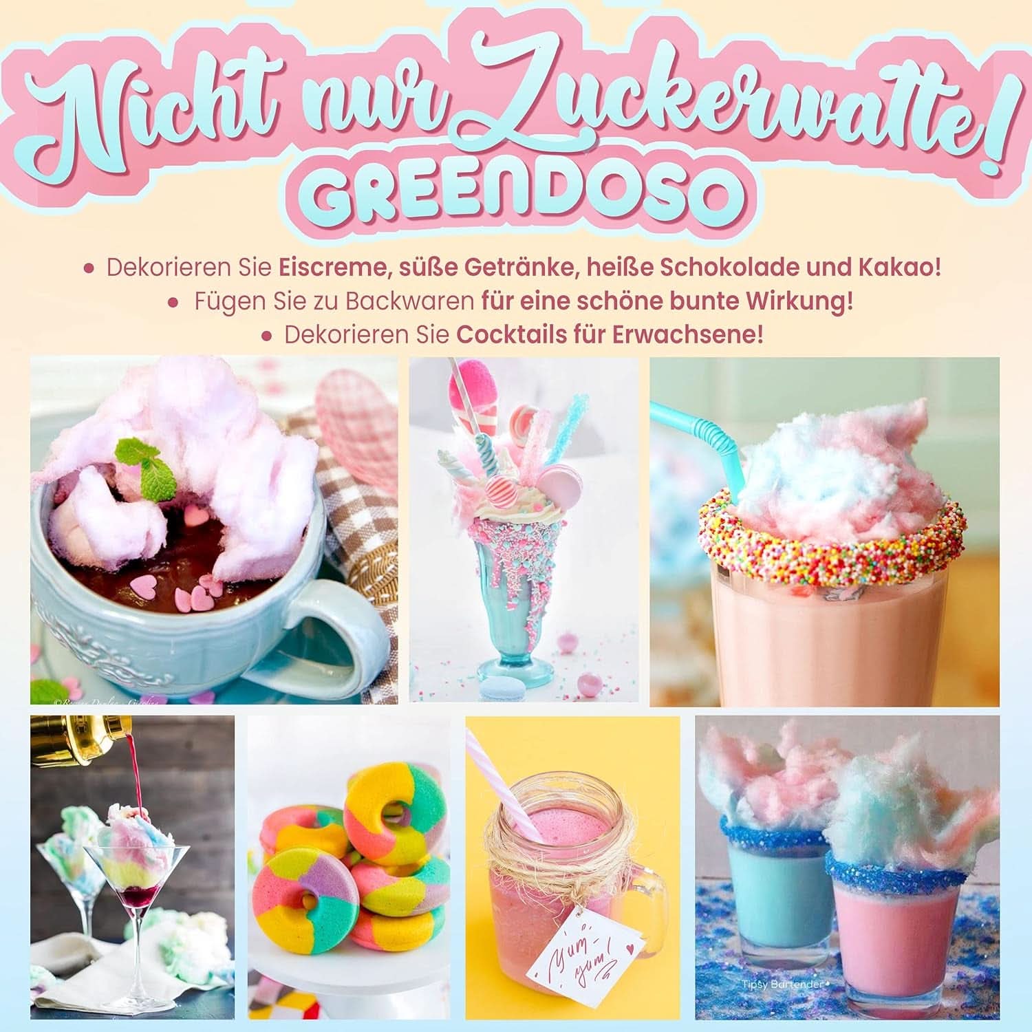 GREENDOSO® Zahăr de vată de zahăr pentru mașina de vată de zahăr (4 x 320 grame) - 4 arome (căpșuni/cola/ zmeură/ mere) + 50 sticks-uri - MADE in FRANCE Naty Shop