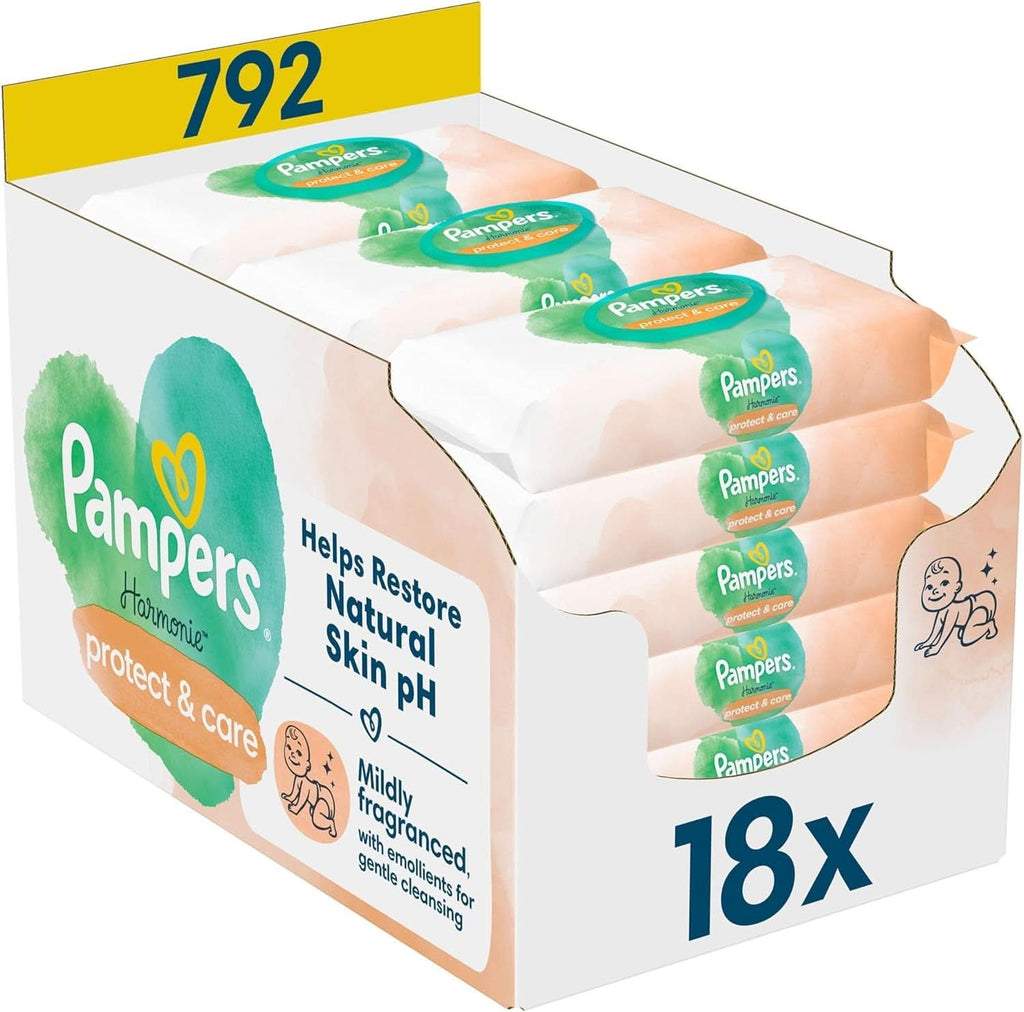 Pampers Harmonie Aqua Feuchttücher 6 Packungen Mit Jeweils 48 Feuchttüchern - 288 Feuchttücher, Die Helfen, Den Natürlichen Ph-Wert Der Haut Wiederherzustellen, Leichte Lotion Mit 99% Wasser Naty Shop Protect+Care (792 Stück)