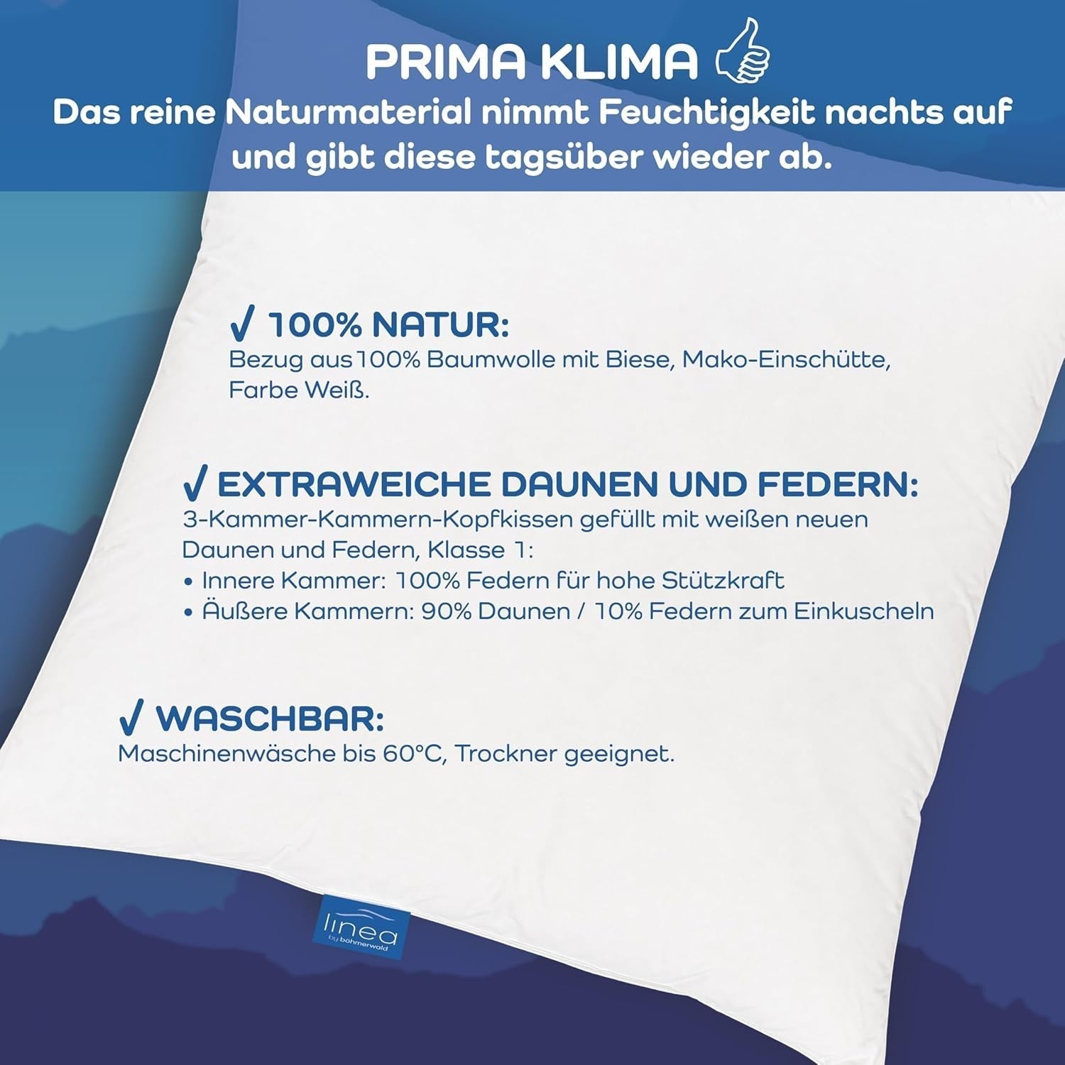 LINEA by Böhmerwald - Cosy - Pernă moale cu 3 camere, 80 X 80, Interior:100% pene, Camere exterioare:90% puf/10% pene, Potrivit pentru alergici, Lavabil până la 60°C, Produs în Germania Perne standard Naty Shop