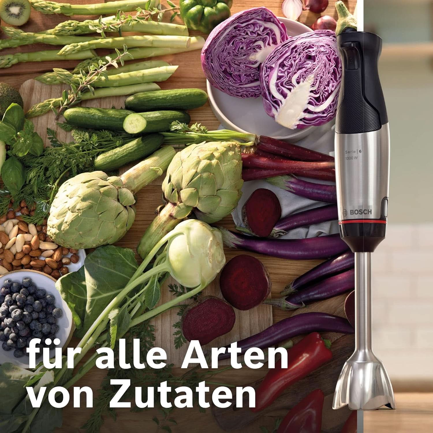 Bosch Stabmixer Ergomaster Serie 6 MSM6M673, 10 Jahre Motorgarantie, Edelstahl-Klingen, Verschleißfreie Keramik-Kupplung, Luftkühlung, Zerkleinerer, Kartoffelstampfer, Schneebesen, 1000 W Bucatarie Naty Shop