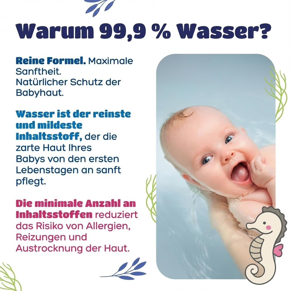 Kindii Water Care Feuchttücher – Aqua Baby Wipes – 100 % Viskose, 99,9 % Wasser, Grapefruit-Extrakt, Schalgröße 150 x 200, 100 % biologisch abbaubar, plastikfrei, Reinigungstücher für empfindliche Haut